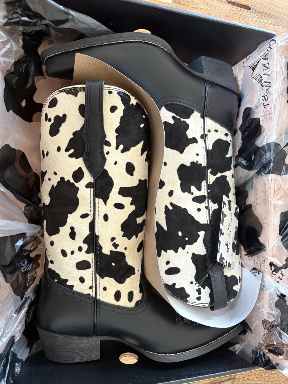 Montana West Black & White Cowhide Lace-Up Western Boots